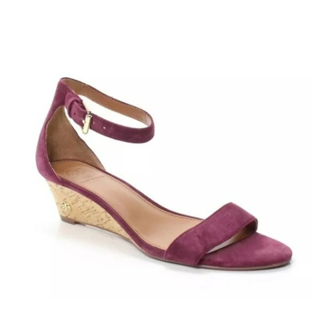Tory Burch Savannah Cork Wedge Buckle Ankle Open Toe Burgundy Sandals Size 6.5